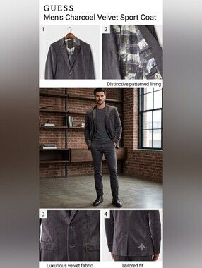 GUESS Men's Charcoal Velvet Sport Coat